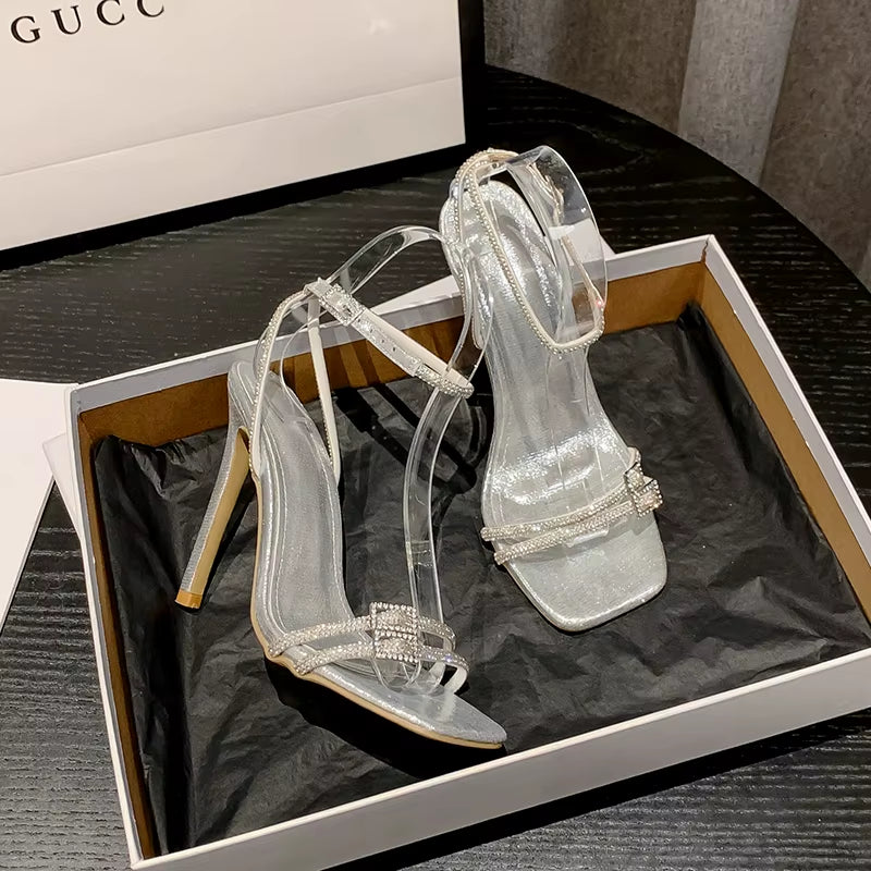 Sexy Silver Crystal Ankle Strap Sandals for Women 2023 Summer Square Open Toe Rhinestone Heels Party Prom Shoes Size 35-42