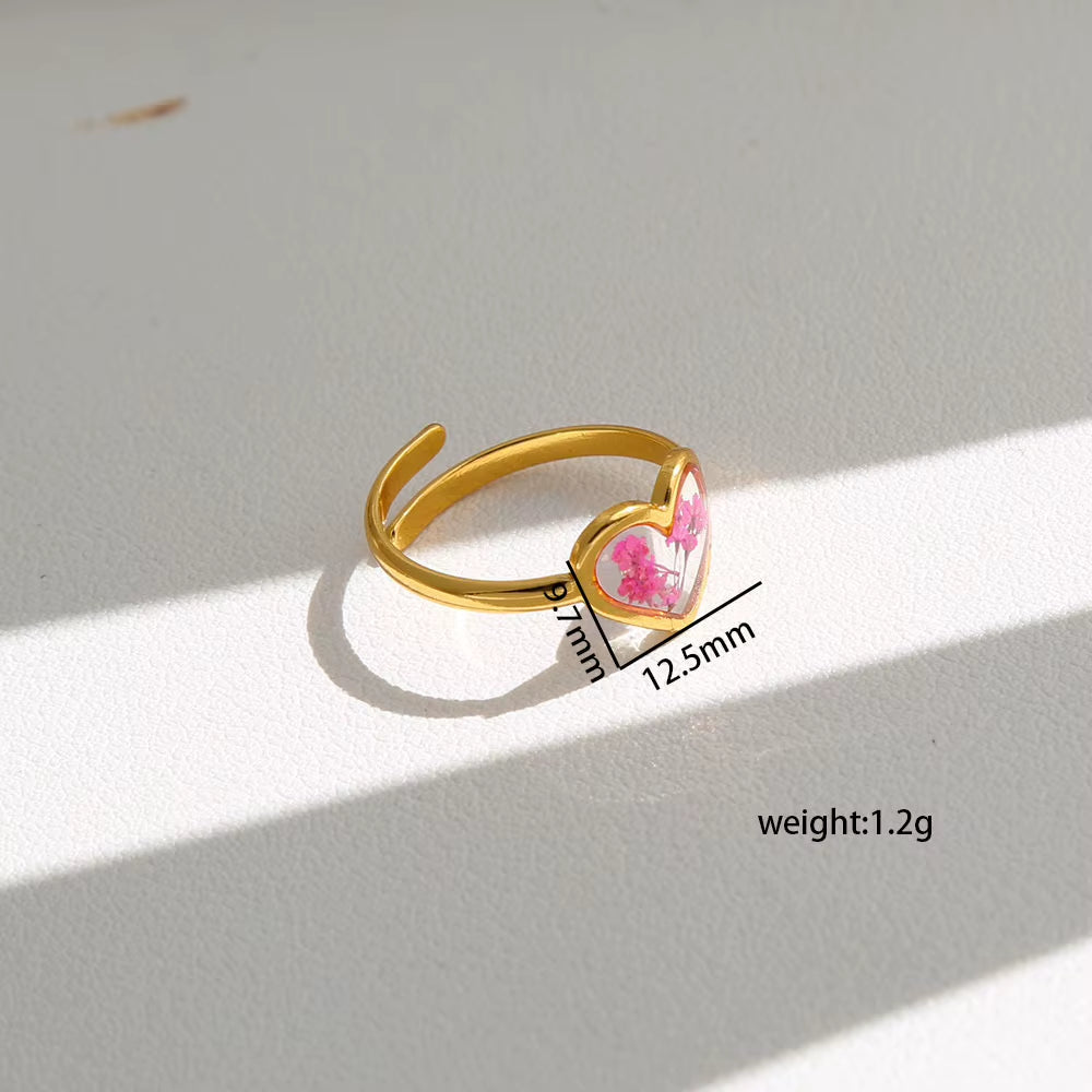 Y2K Tarnish Free Fashion 18K Gold Plated Stainless Steel Geometric Rings Women Resin Exquisite Real Dried Flower Rings Jewelry