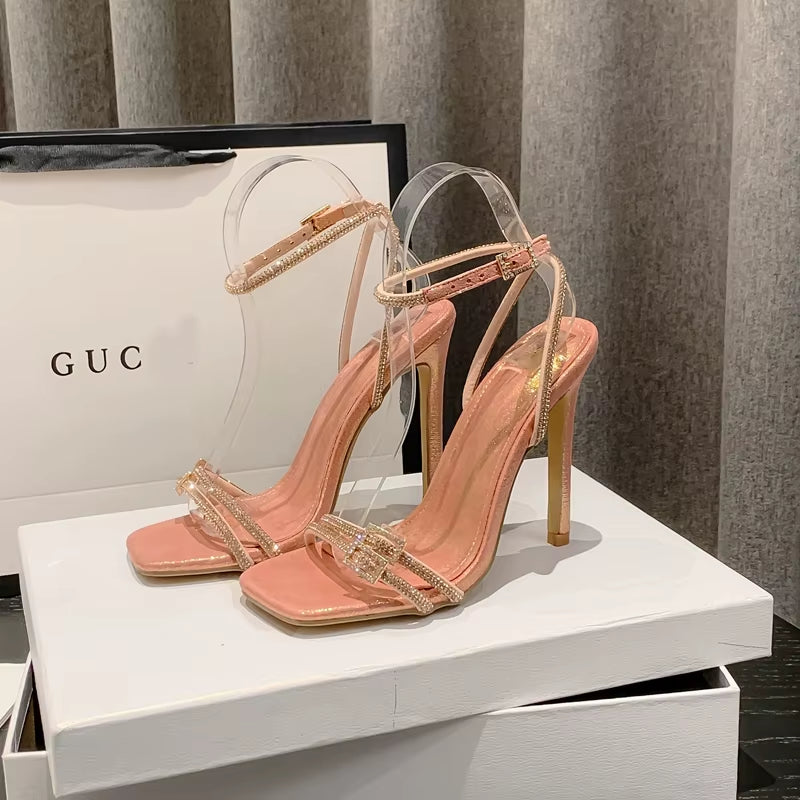 Sexy Silver Crystal Ankle Strap Sandals for Women 2023 Summer Square Open Toe Rhinestone Heels Party Prom Shoes Size 35-42