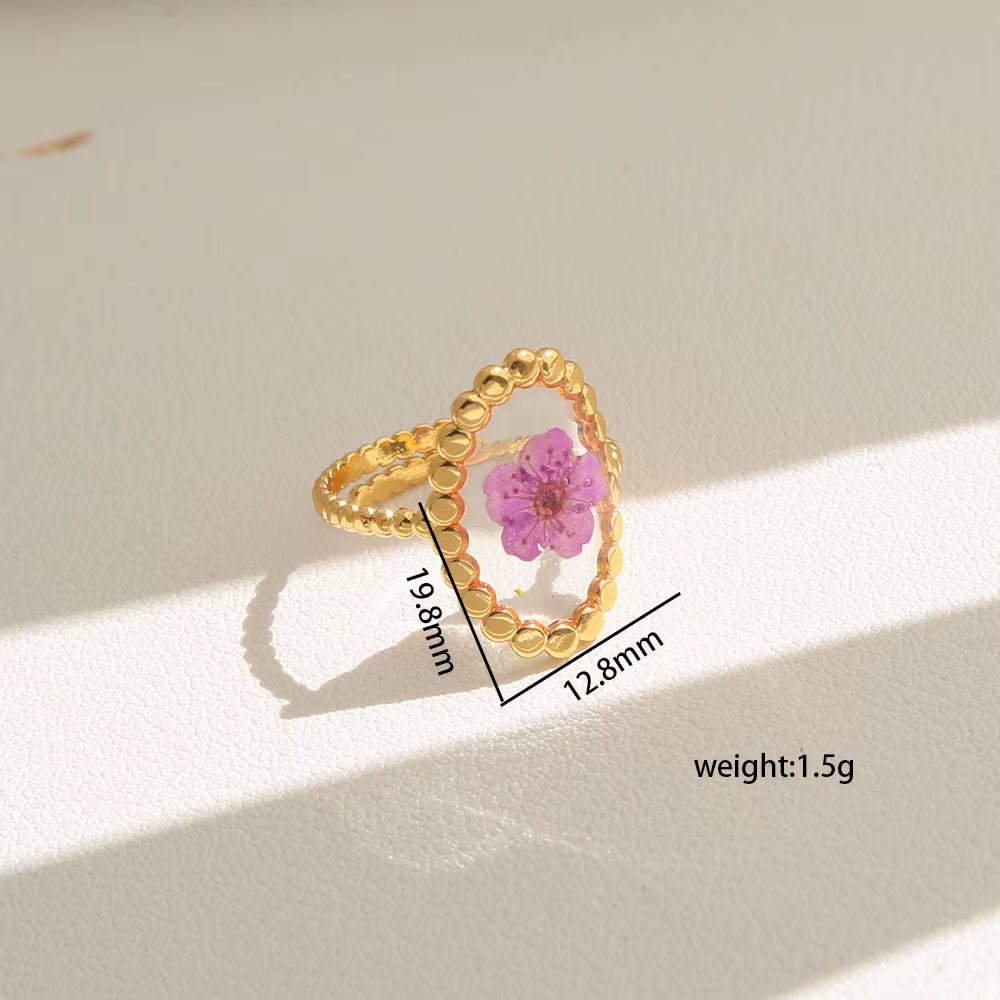Y2K Tarnish Free Fashion 18K Gold Plated Stainless Steel Geometric Rings Women Resin Exquisite Real Dried Flower Rings Jewelry