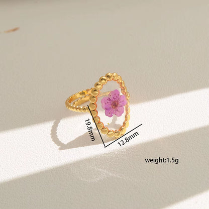 Y2K Tarnish Free Fashion 18K Gold Plated Stainless Steel Geometric Rings Women Resin Exquisite Real Dried Flower Rings Jewelry