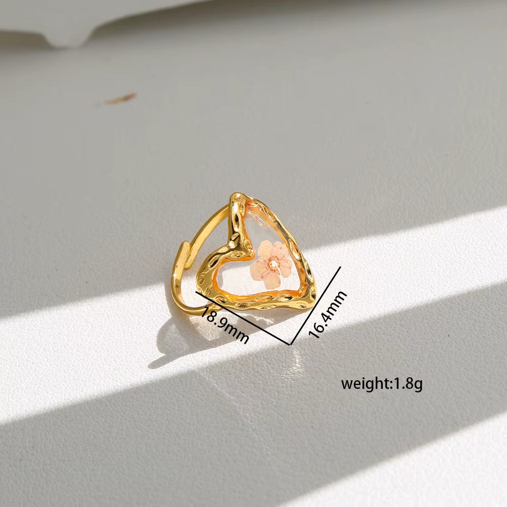Y2K Tarnish Free Fashion 18K Gold Plated Stainless Steel Geometric Rings Women Resin Exquisite Real Dried Flower Rings Jewelry