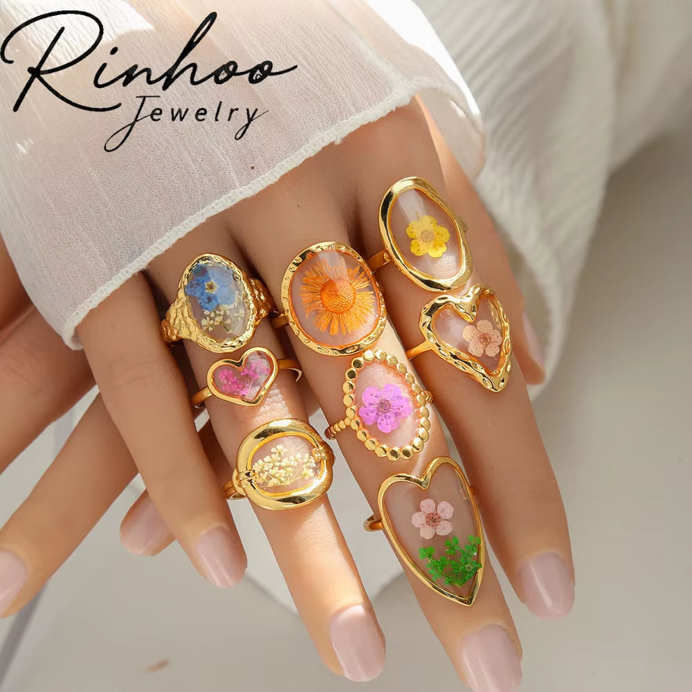 Y2K Tarnish Free Fashion 18K Gold Plated Stainless Steel Geometric Rings Women Resin Exquisite Real Dried Flower Rings Jewelry