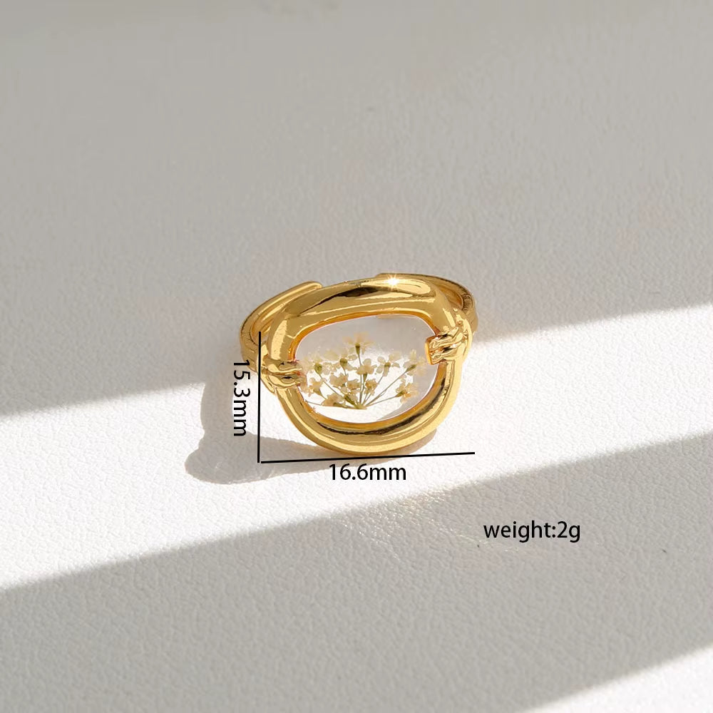 Y2K Tarnish Free Fashion 18K Gold Plated Stainless Steel Geometric Rings Women Resin Exquisite Real Dried Flower Rings Jewelry
