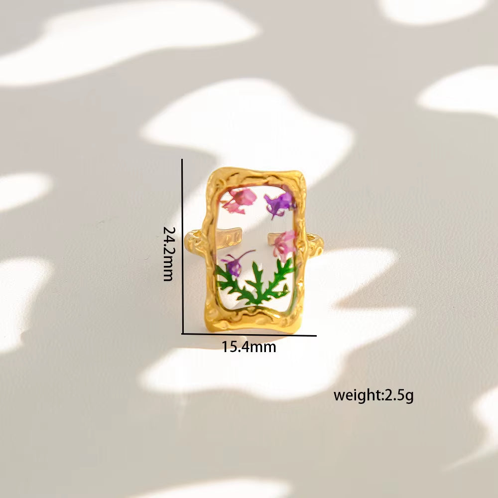 Y2K Tarnish Free Fashion 18K Gold Plated Stainless Steel Geometric Rings Women Resin Exquisite Real Dried Flower Rings Jewelry