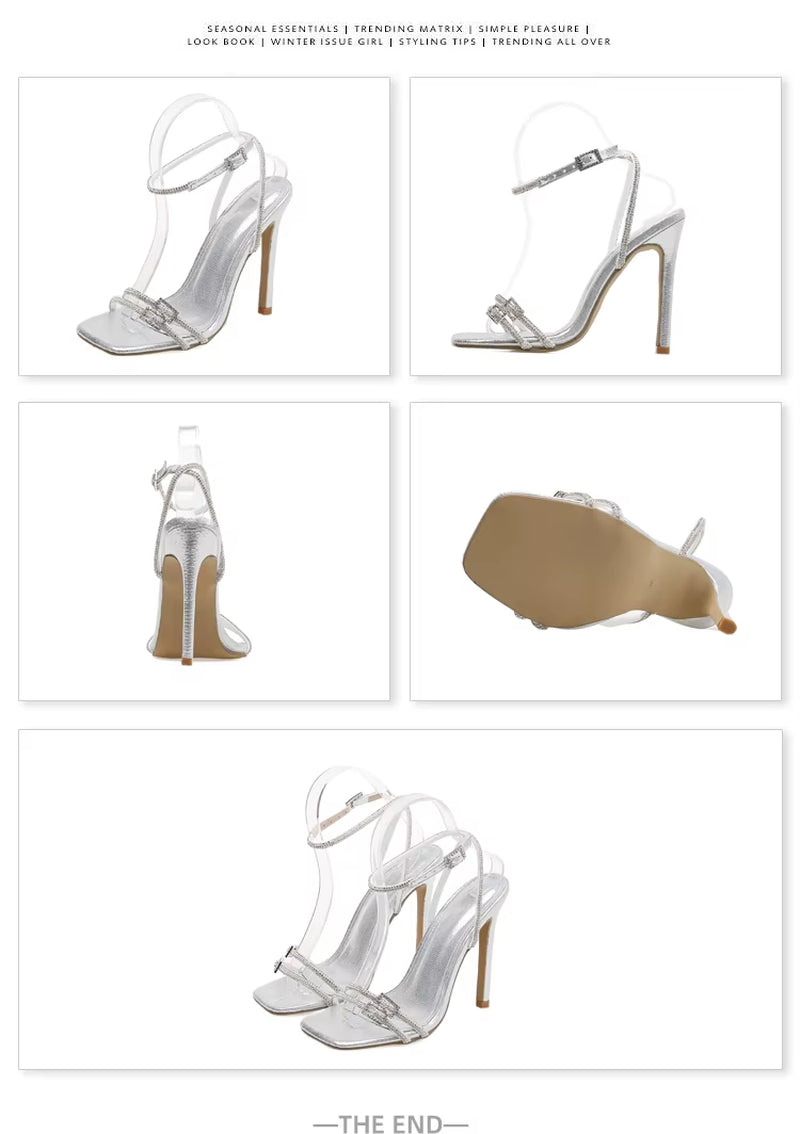 Sexy Silver Crystal Ankle Strap Sandals for Women 2023 Summer Square Open Toe Rhinestone Heels Party Prom Shoes Size 35-42