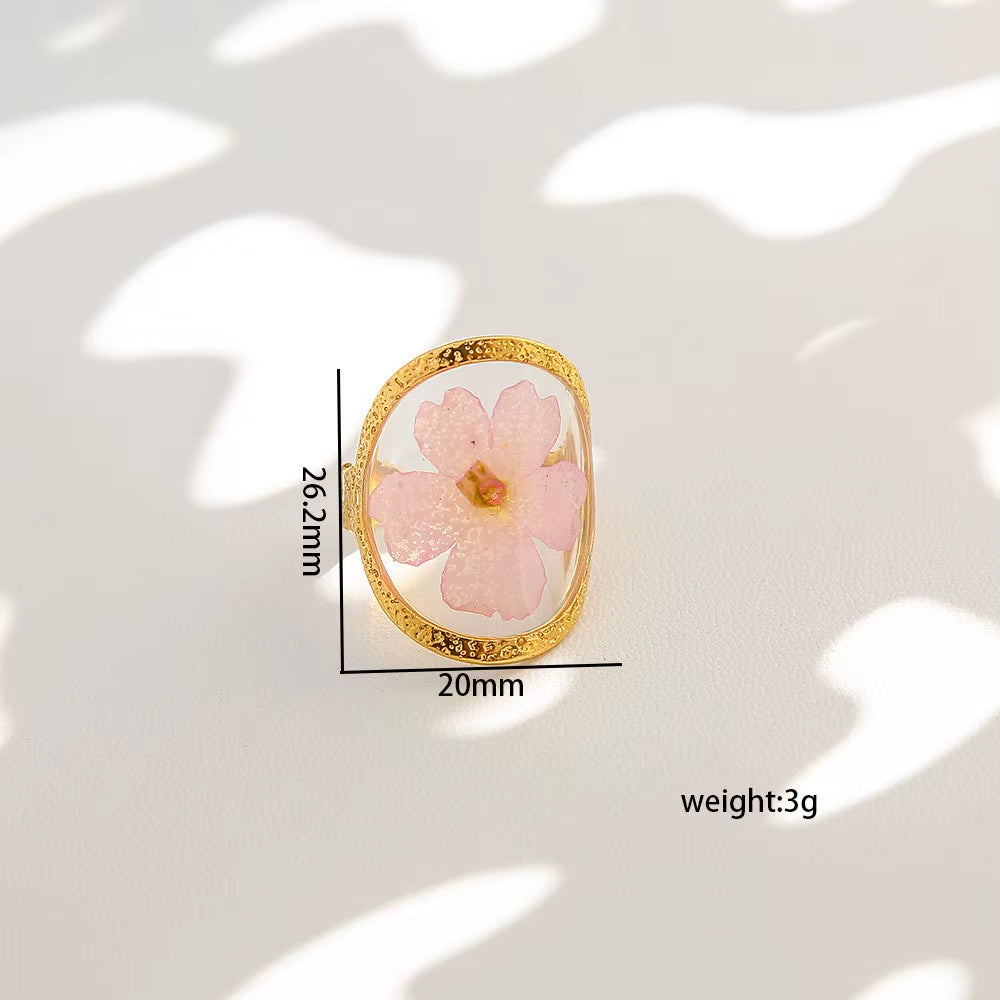 Y2K Tarnish Free Fashion 18K Gold Plated Stainless Steel Geometric Rings Women Resin Exquisite Real Dried Flower Rings Jewelry