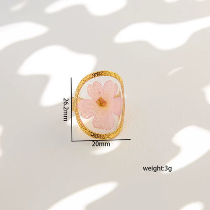 Y2K Tarnish Free Fashion 18K Gold Plated Stainless Steel Geometric Rings Women Resin Exquisite Real Dried Flower Rings Jewelry