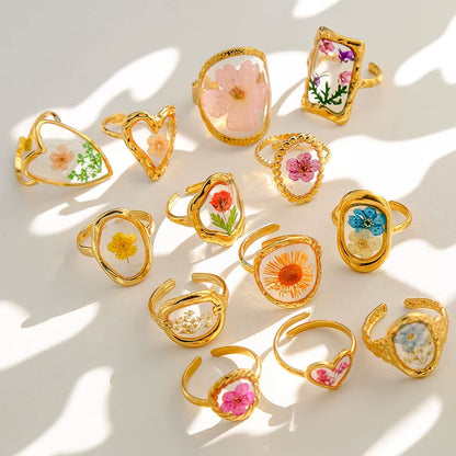 Y2K Tarnish Free Fashion 18K Gold Plated Stainless Steel Geometric Rings Women Resin Exquisite Real Dried Flower Rings Jewelry