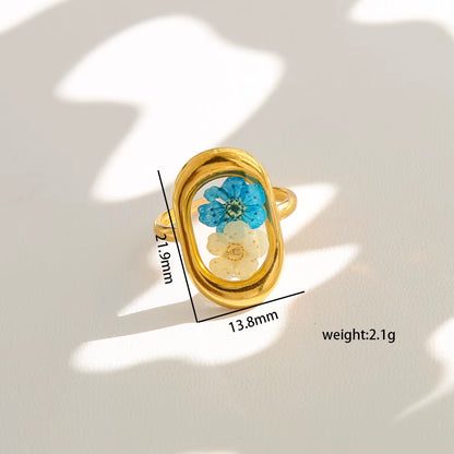Y2K Tarnish Free Fashion 18K Gold Plated Stainless Steel Geometric Rings Women Resin Exquisite Real Dried Flower Rings Jewelry
