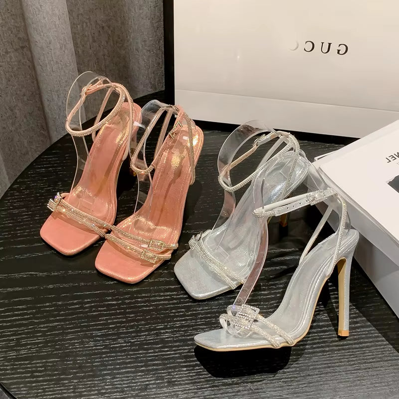 Sexy Silver Crystal Ankle Strap Sandals for Women 2023 Summer Square Open Toe Rhinestone Heels Party Prom Shoes Size 35-42