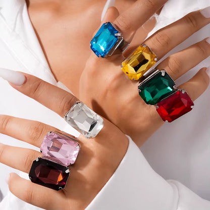 Exaggerated Luxury Colorful Crystal Rhinestone Square Large Gemstone Open Ring Jewelry Finger Ring Wedding Jewelry