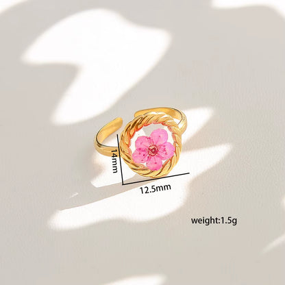 Y2K Tarnish Free Fashion 18K Gold Plated Stainless Steel Geometric Rings Women Resin Exquisite Real Dried Flower Rings Jewelry