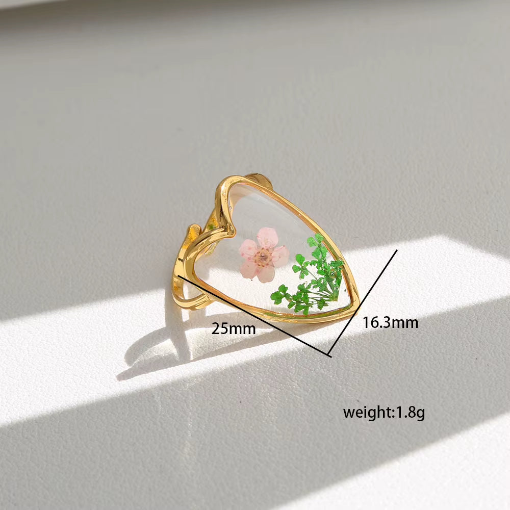 Y2K Tarnish Free Fashion 18K Gold Plated Stainless Steel Geometric Rings Women Resin Exquisite Real Dried Flower Rings Jewelry