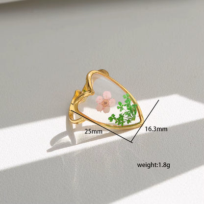 Y2K Tarnish Free Fashion 18K Gold Plated Stainless Steel Geometric Rings Women Resin Exquisite Real Dried Flower Rings Jewelry
