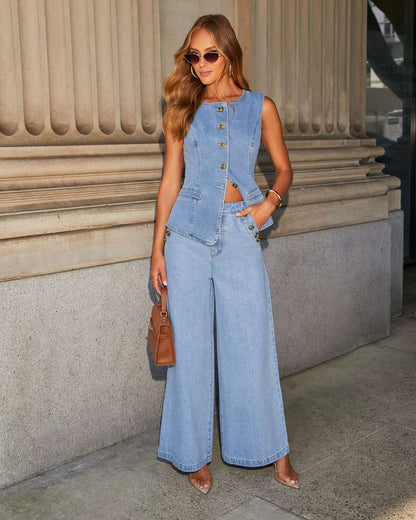 Chic Two Piece Sets Single Breast Denim Women Vest+Wide Leg Jeans Casual Loose 2025 Y2K Pants Matching Sets Women Trouser Sets