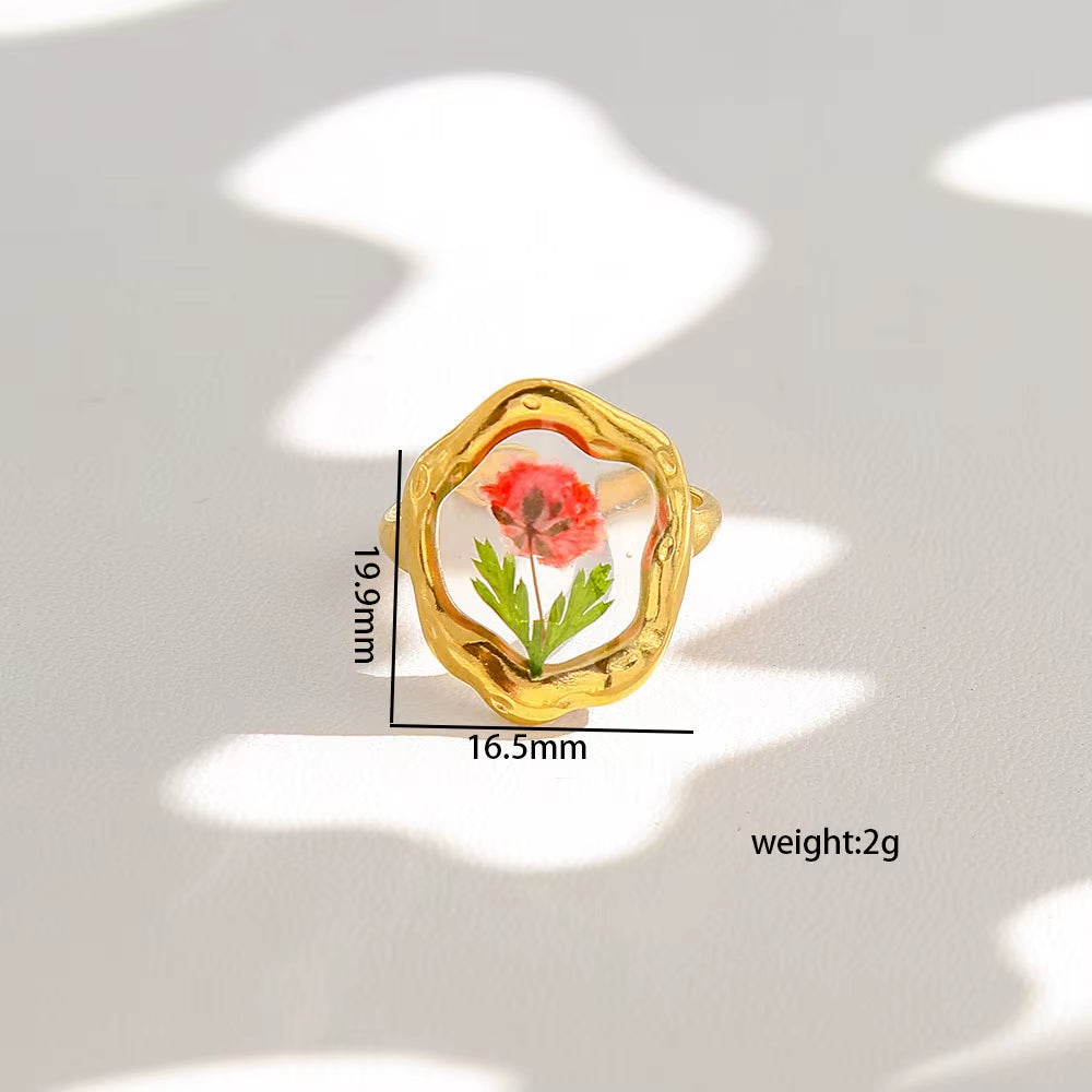 Y2K Tarnish Free Fashion 18K Gold Plated Stainless Steel Geometric Rings Women Resin Exquisite Real Dried Flower Rings Jewelry