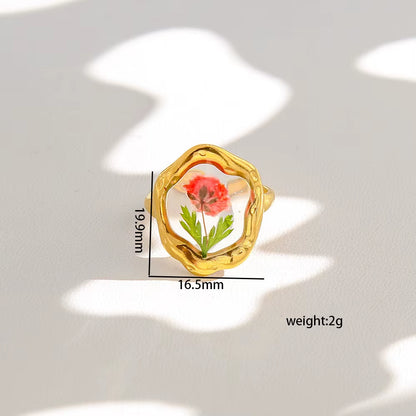 Y2K Tarnish Free Fashion 18K Gold Plated Stainless Steel Geometric Rings Women Resin Exquisite Real Dried Flower Rings Jewelry