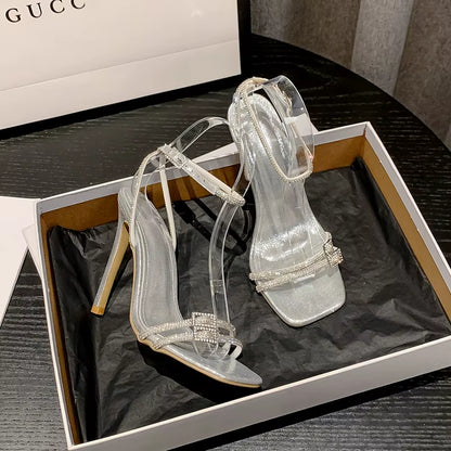 Sexy Silver Crystal Ankle Strap Sandals for Women 2023 Summer Square Open Toe Rhinestone Heels Party Prom Shoes Size 35-42